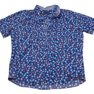 Crown & Ivy Men's Blue Floral Button-Up Shirt Classic Fit sz Large Short Sleeve